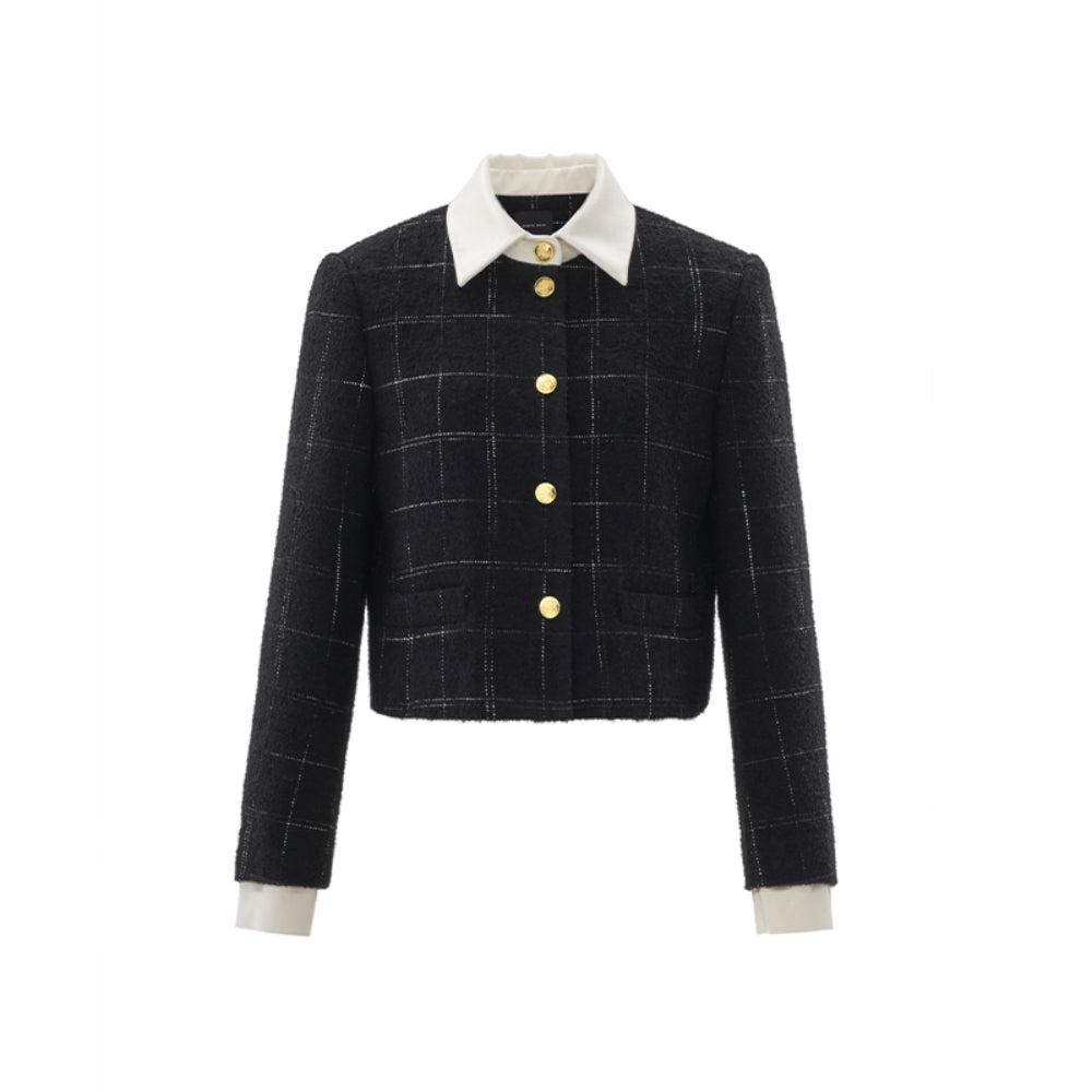 Concise-White Plaid Patchwork Woolen Tweed Coat Black