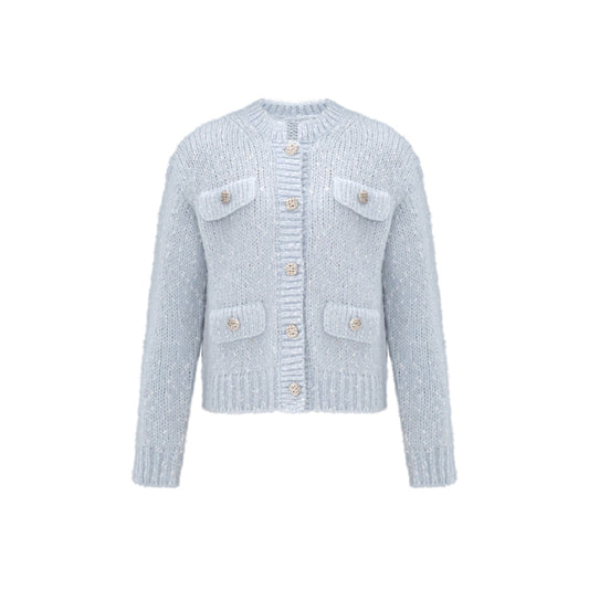 Concise-White Sliver Button Knitted Cardigan Baby Blue