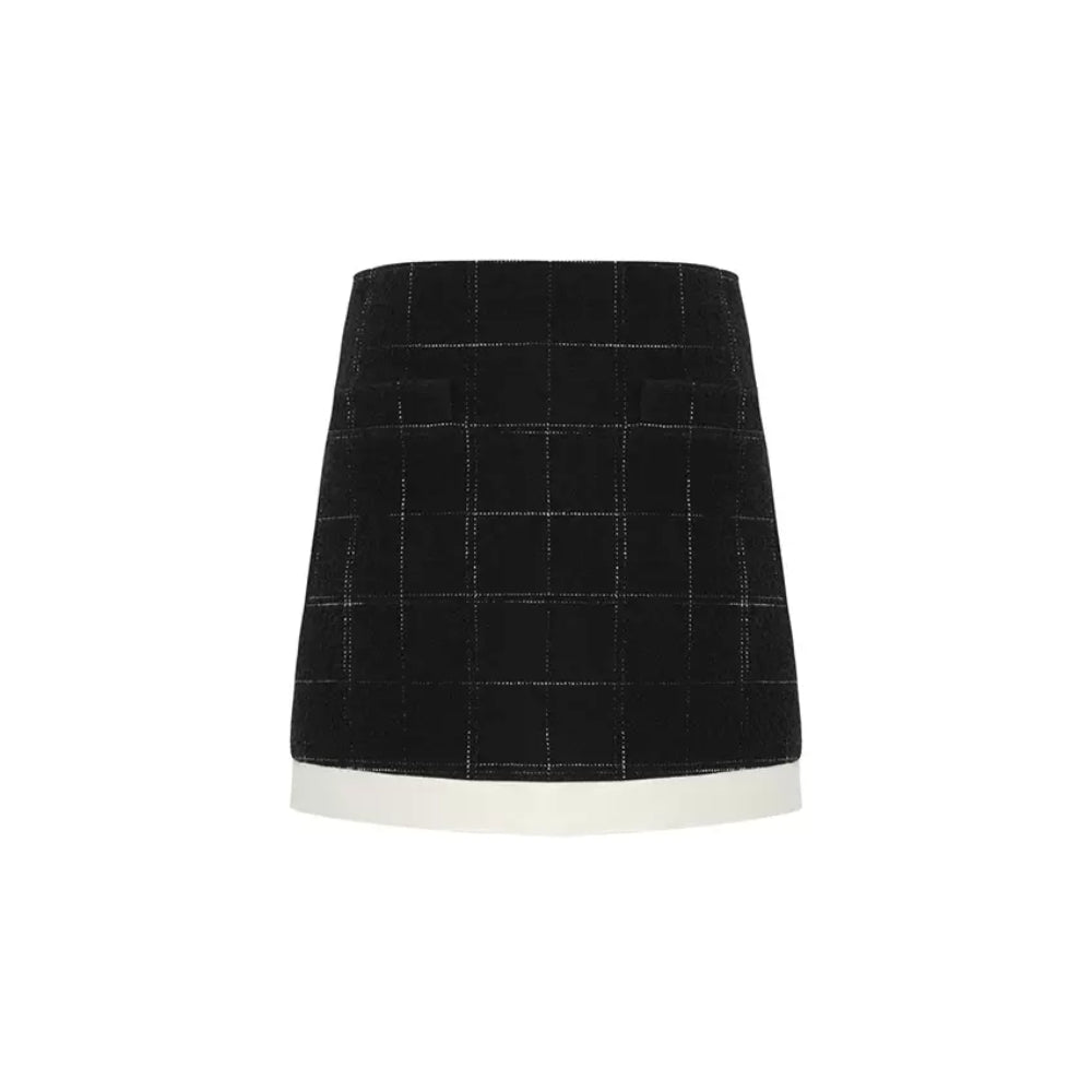 Concise-White Plaid Patchwork Woolen Tweed Skirt Black