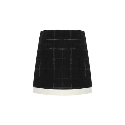 Concise-White Plaid Patchwork Woolen Tweed Skirt Black