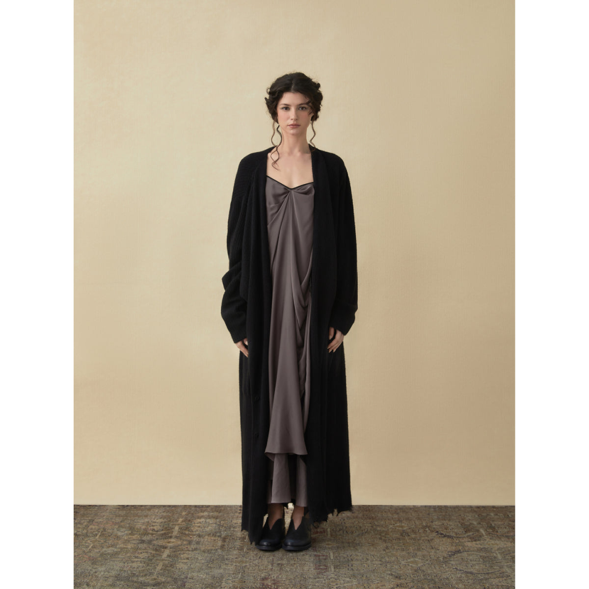 Elywood Black Lapel Knit Long Coat