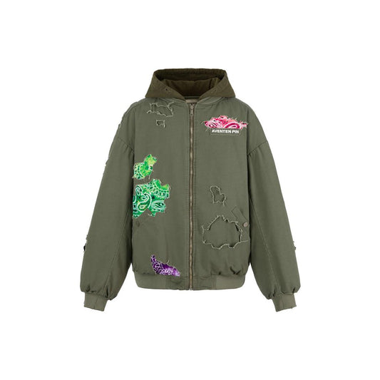 Aventen Pin Destroyed Paisley Zip Up Jacket Olive Green