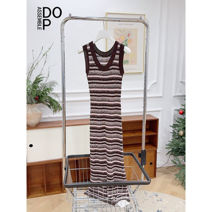 Concise-White Color Striped Knitted Long Dress