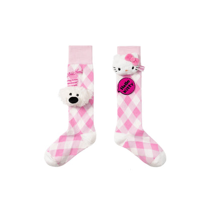 13De Marzo X Hello Kitty Bear Plaid Stocking Pink