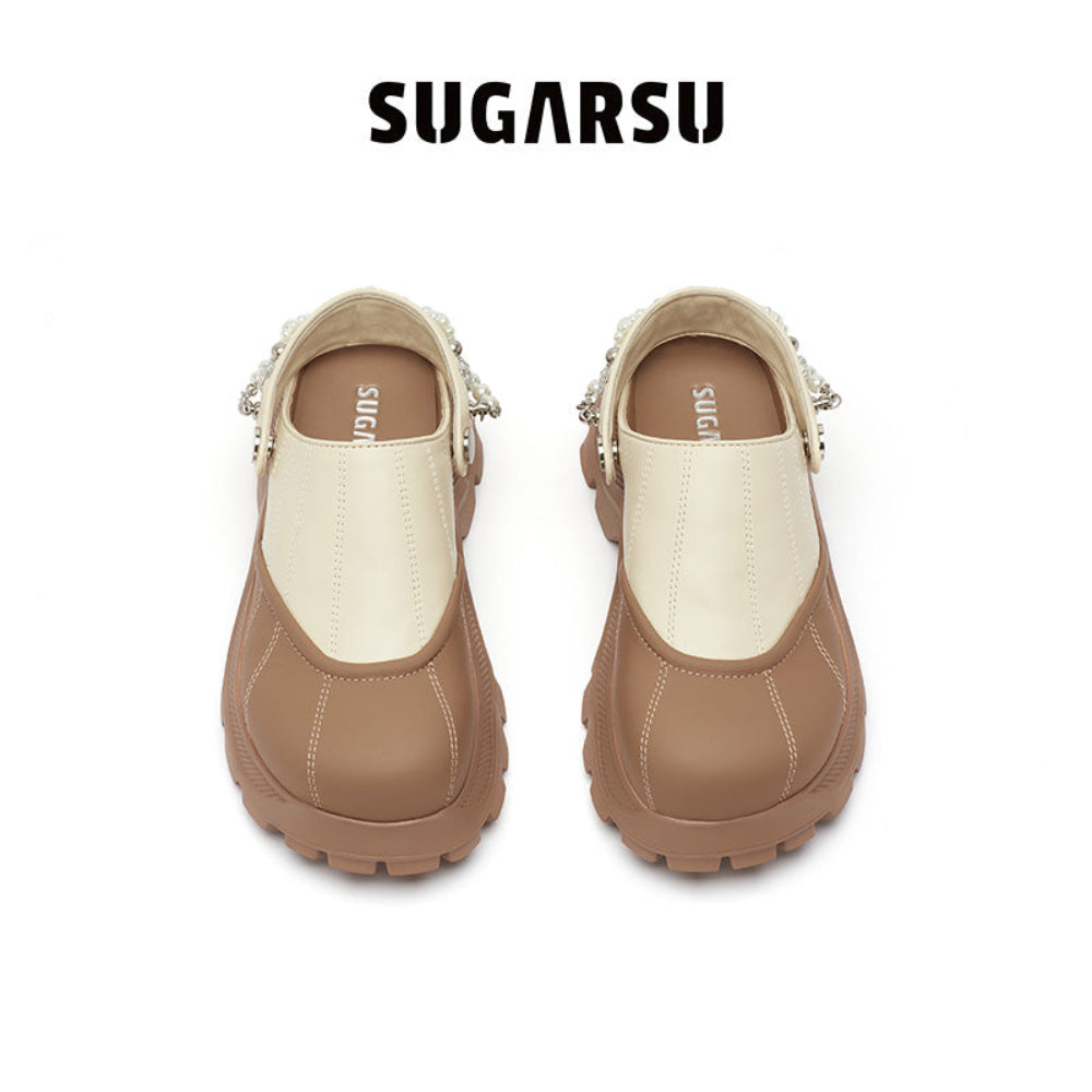 SugarSu Pearl Chain Decorated Tip-Tilt Clog Mules Khaki