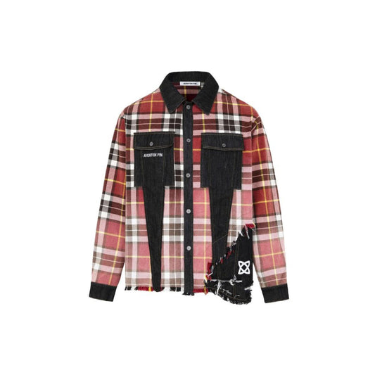 Aventen Pin Color Blocked Plaid Denim Shirt Red