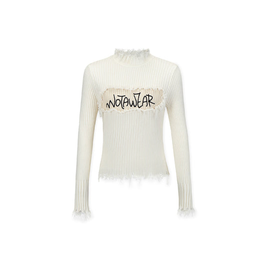 NotAwear Destroy Embroidery Logo Slim Knit Top White