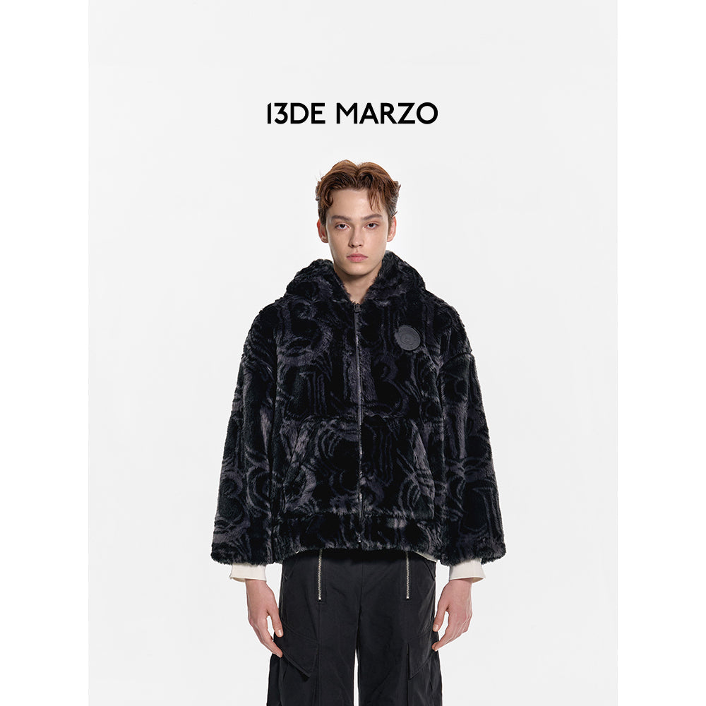 13De Marzo Artificial Fur Logo Hooded Coat Black