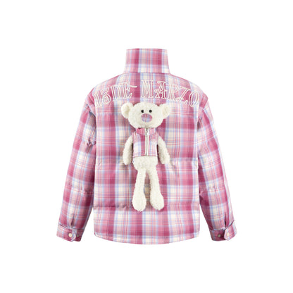 13De Marzo Plush Bear Classic Plaid Down Jacket Pink