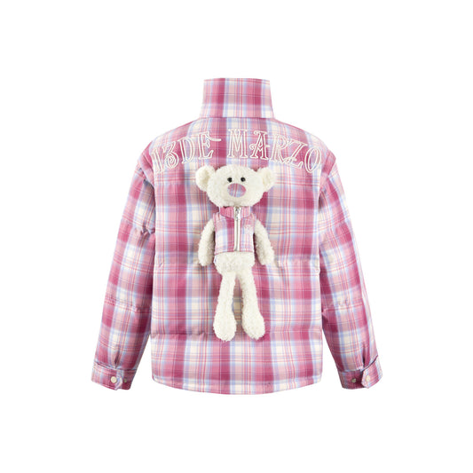 13De Marzo Plush Bear Classic Plaid Down Jacket Pink