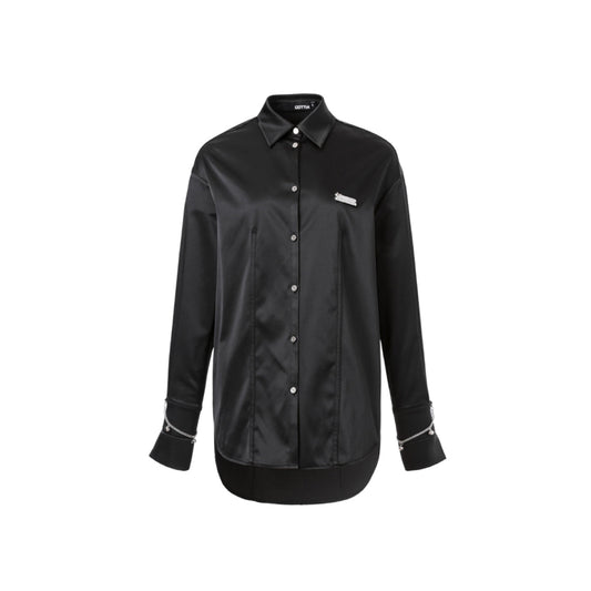 Cottia Metal Patch Straps Satin Shirt Black