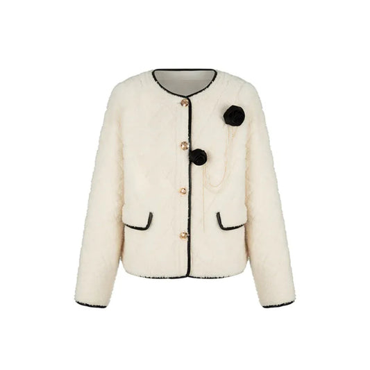 Herlian Golden Button Flower Fleece Coat White