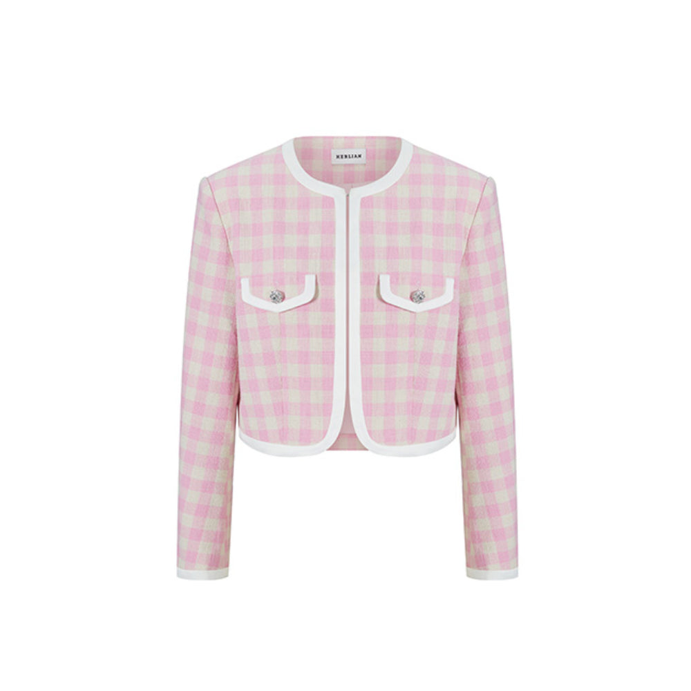 Herlian Checked Wool Patchwork Jacket Pink