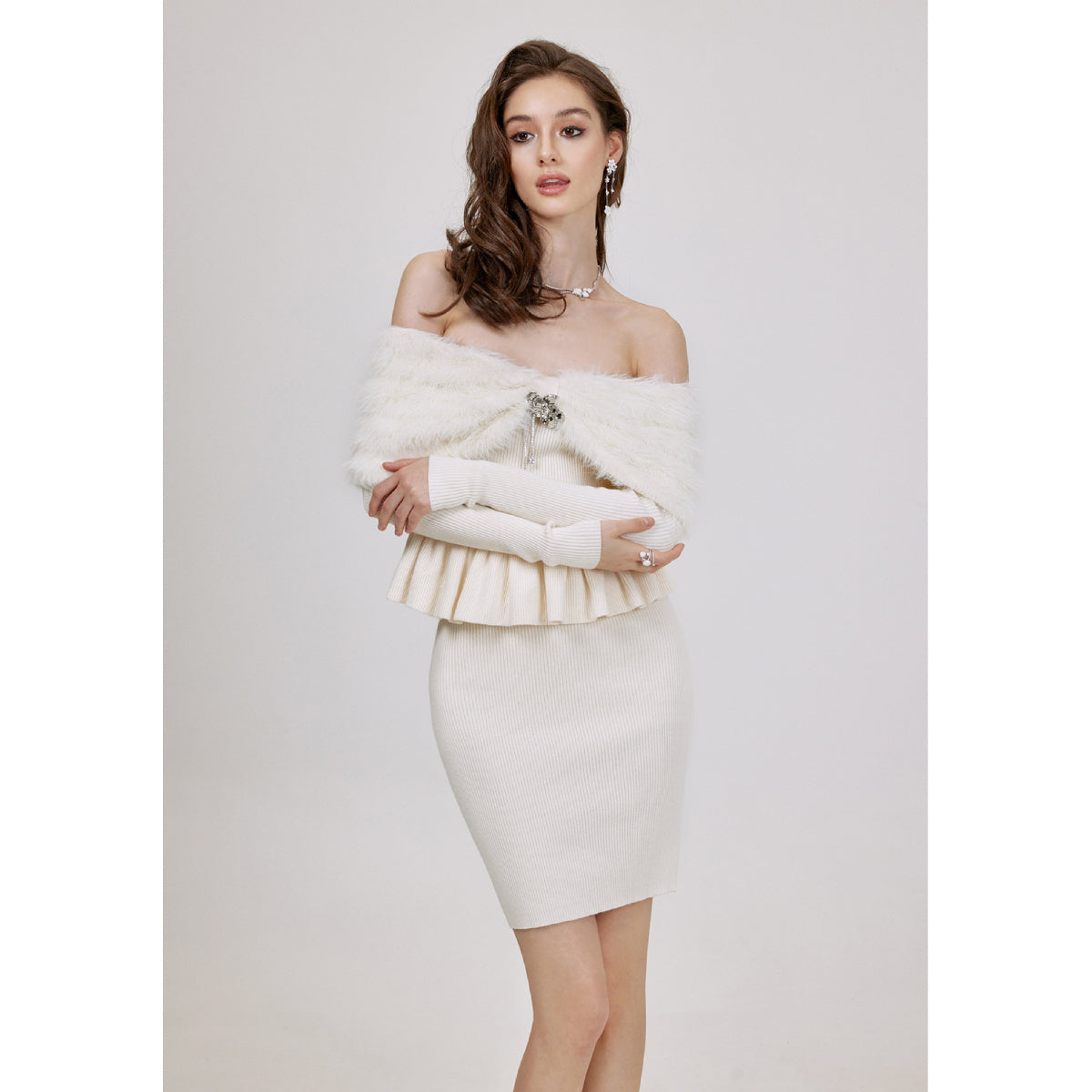 Sheer Luck Alba Off-Shoulder Faux Mink Knit Top White