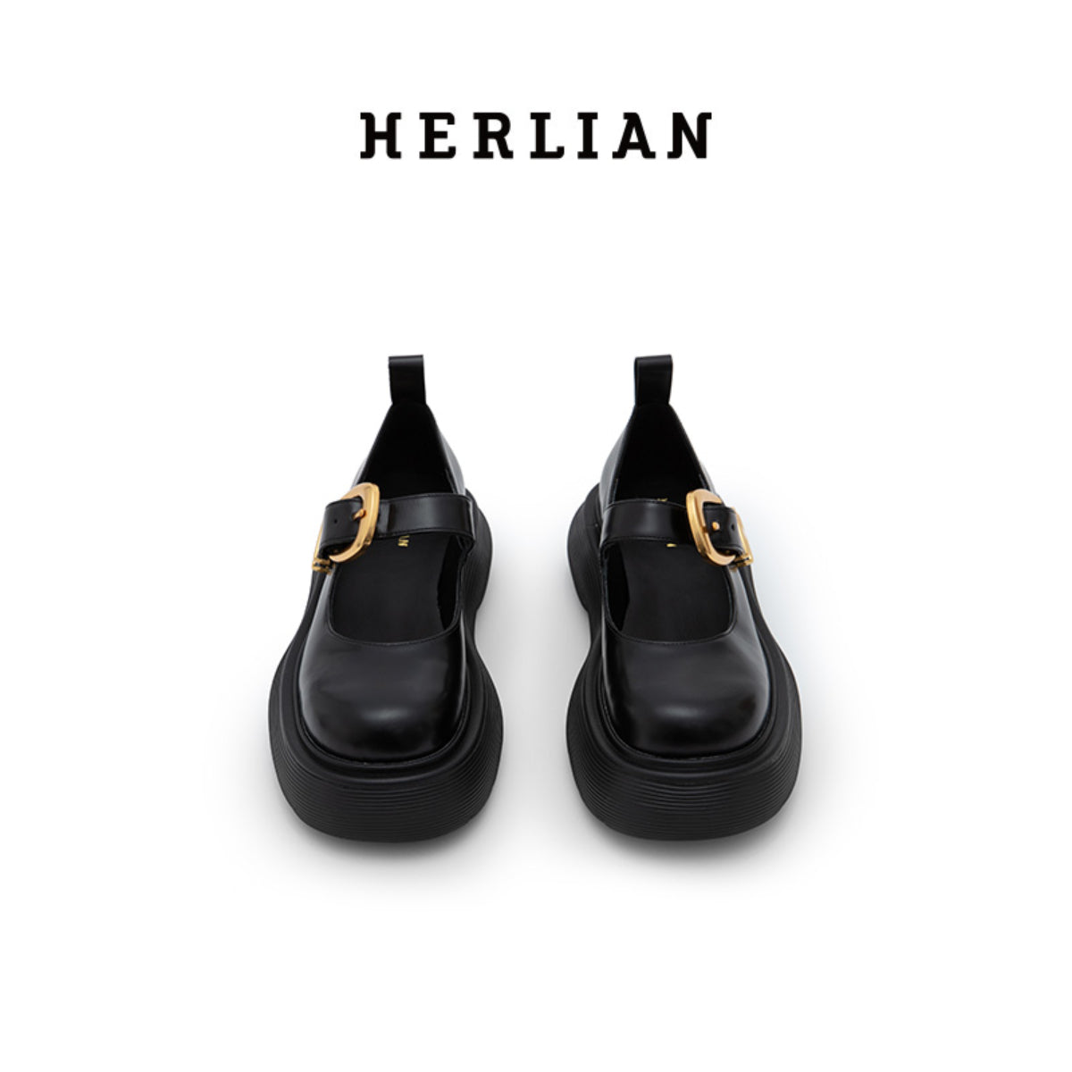 Herlian Logo Buckle Thick Sole Leather Mary Jane Black