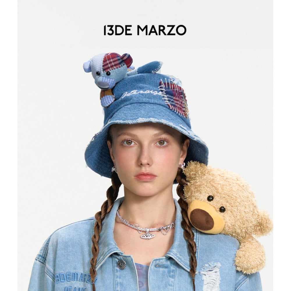 13De Marzo Plaid Patch Denim Bucket Hat Blue