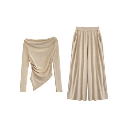 Brow Moda Pleated Irregular Top And Wide-leg Pants Set Khaki