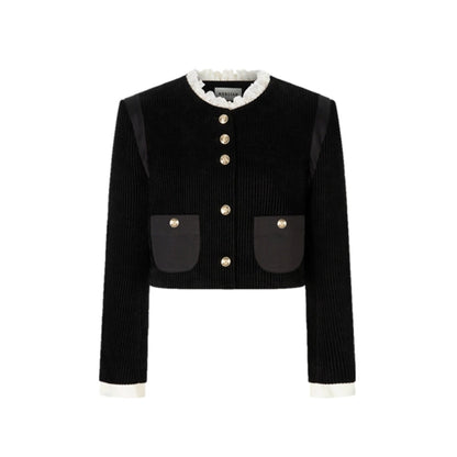 Herlian Lace Collar Corduroy Short Coat Black