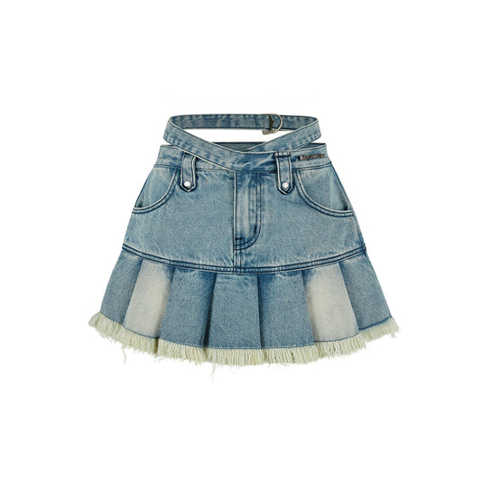 NotAwear Colo Blocked Hollow-Out Denim Pleated Skirt