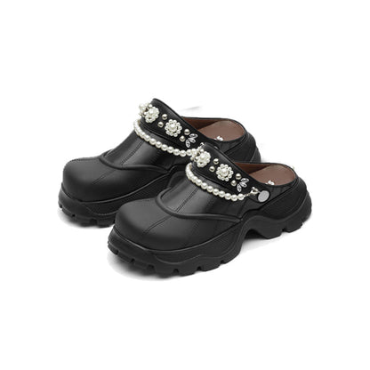 SugarSu Pearl Chain Decorated Tip-Tilt Clog Mules Black