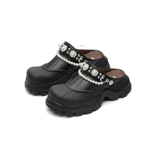 SugarSu Pearl Chain Decorated Tip-Tilt Clog Mules Black