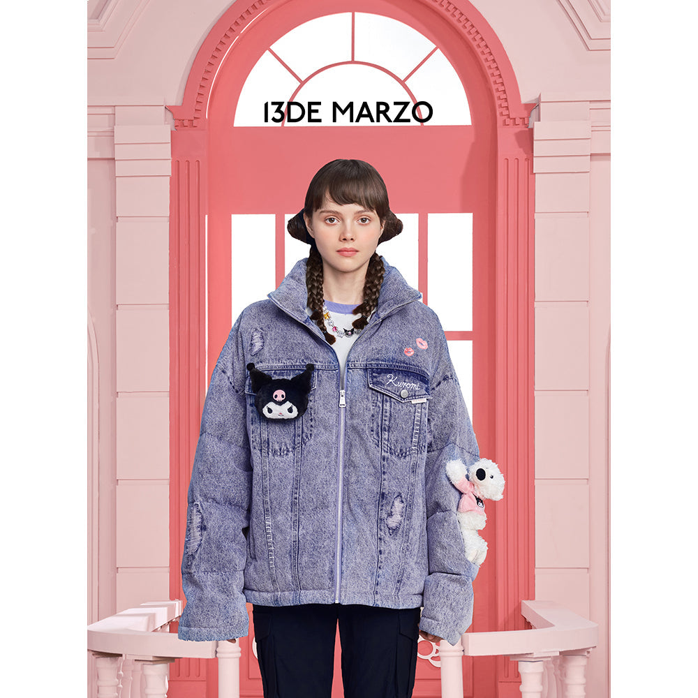 13De Marzo X Kuromi Bear Washed Denim Down Jacket Purple