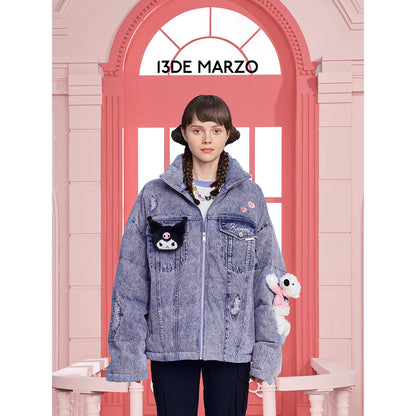 13De Marzo X Kuromi Bear Washed Denim Down Jacket Purple