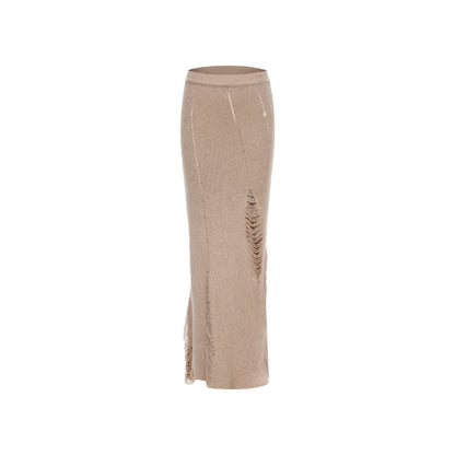 Elywood Destruction Mid-Length Knit Skirt Beige