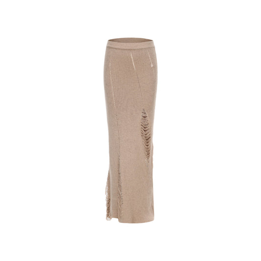 Elywood Destruction Mid-Length Knit Skirt Beige