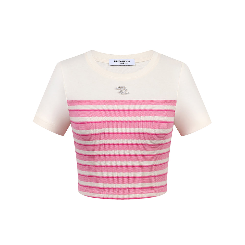 Three Quarters Striped Knit Short Top Pink