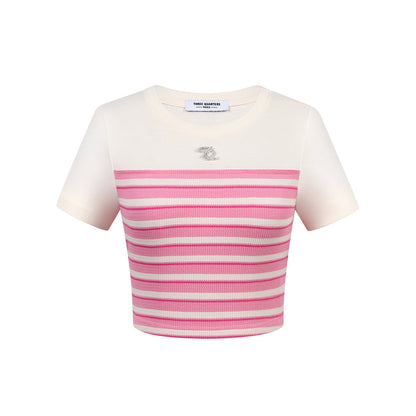 Three Quarters Striped Knit Short Top Pink