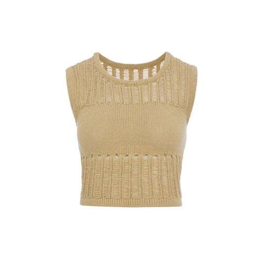 Rocha Roma Wasteland Punk Hollow Knitted Cropped Vest Khaki