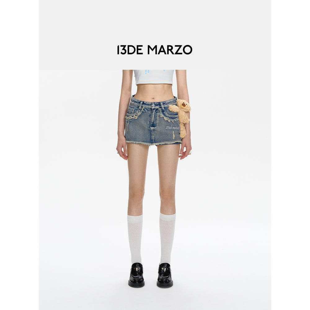 13De Marzo Plush Bear Retro Logo Chain Denim Shorts Blue