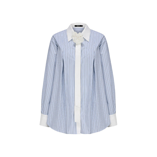 AGAM Striped Patchwork Loose Satin Shirt Blue