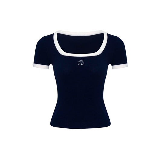 Ann Andelman Color Blocked Square Neck Knit Top Navy Blue