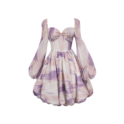 Callrinduck Starry Sky Painting Short Puff Dress Purple