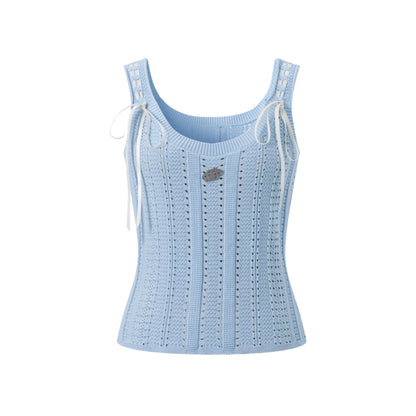 Three Quarters Bow Tie Hollow Out Knit Vest Blue