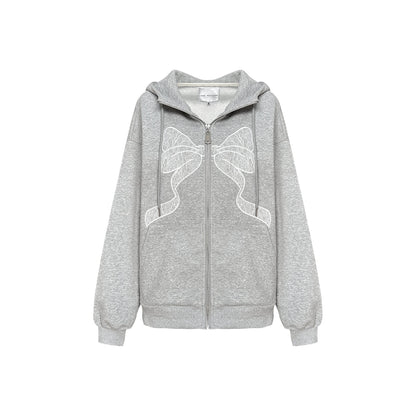 AsGony Bow Patch Zip Up Hoodie Grey