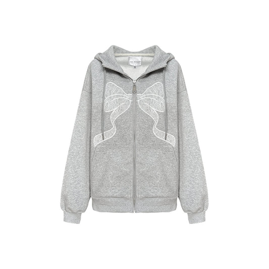 AsGony Bow Patch Zip Up Hoodie Grey