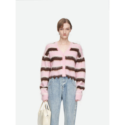 Herlian Raw Edge Striped Mohair Cardigan Pink