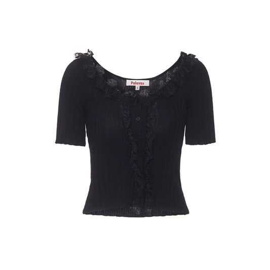 Palavas Lace Edge Short Sleeve Top Black