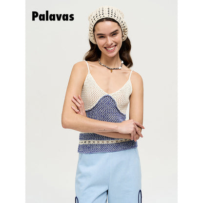 Palavas Color Blocked Crochet Vest Top Blue