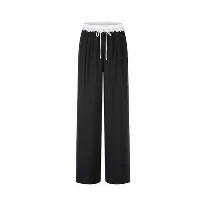 Herlian Lace-Trimmed Waistband Wide-Leg Pants Black