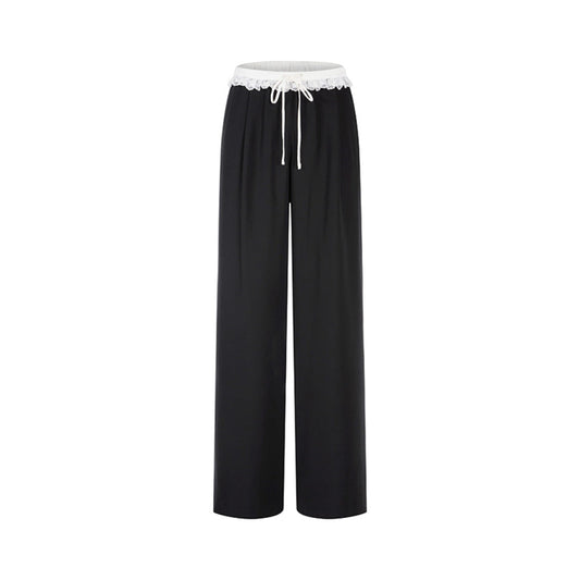 Herlian Lace-Trimmed Waistband Wide-Leg Pants Black