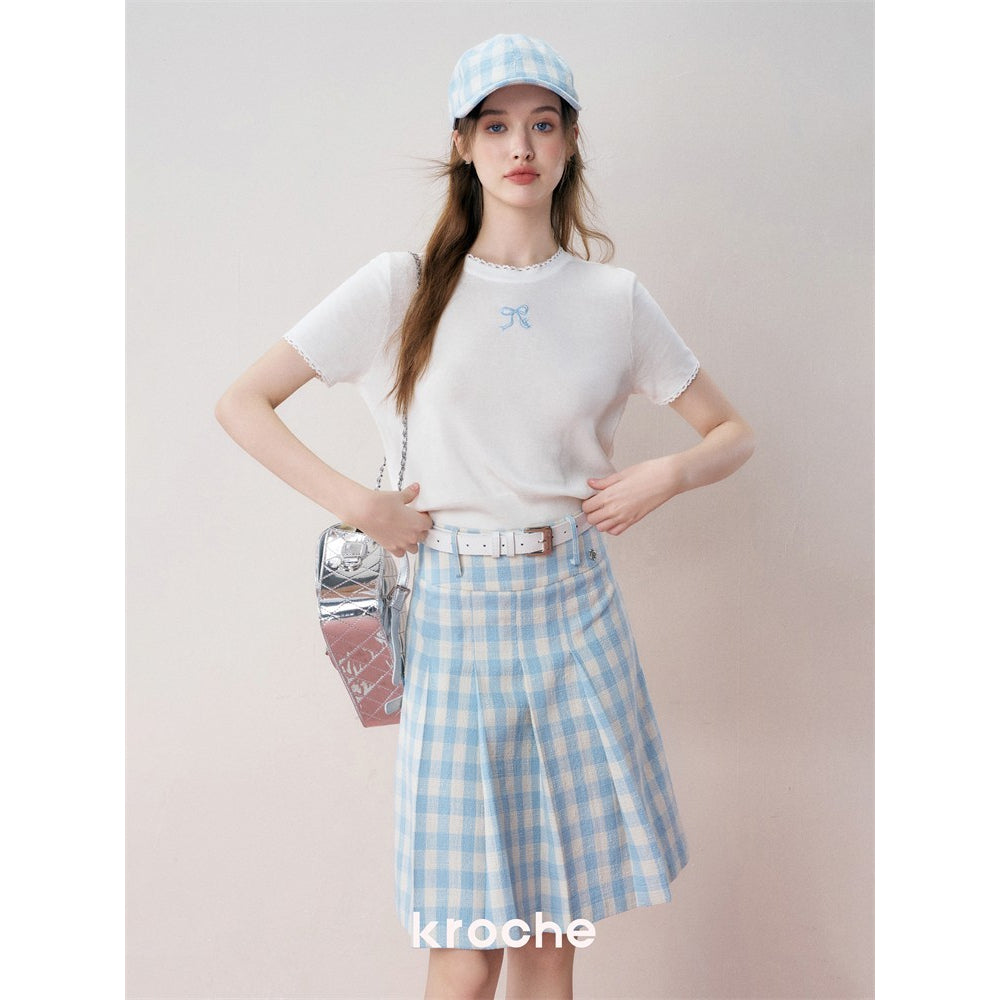 Kroche Plaid Pleated High-Waisted Long Skirt Blue