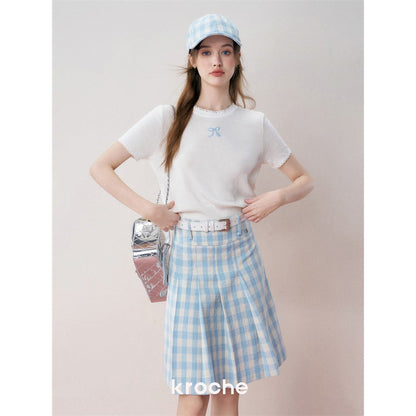 Kroche Plaid Pleated High-Waisted Long Skirt Blue