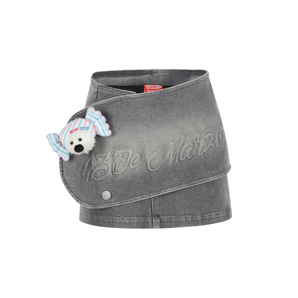 13De Marzo X PEKO Sweet Bear Low-Rise Mini Denim Skirt Gray