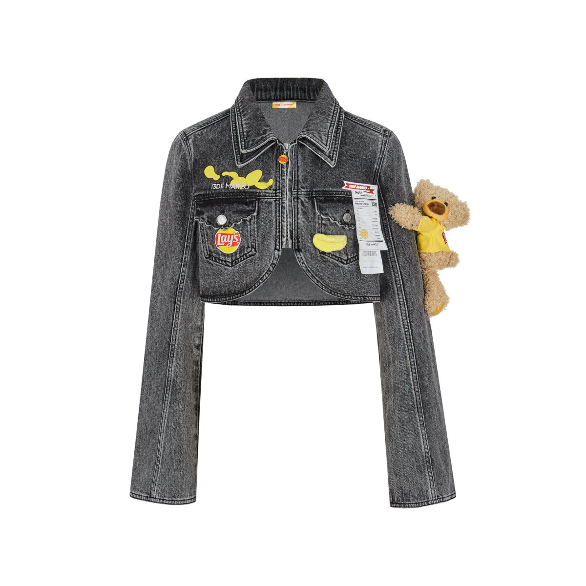 13De Marzo X Lay's Bear Washed Short Denim Jacket Gray