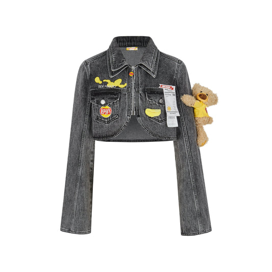 13De Marzo X Lay's Bear Washed Short Denim Jacket Gray