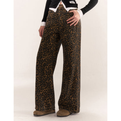 AsGony Retro Leopard High Waist Wide-Leg Pants